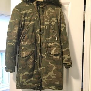 Zara camo coat with faux fur hood